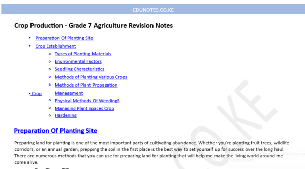 Crop Production - Grade 7 Agriculture Revision Notes