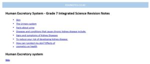 Human Excretory System - Grade 7 Integrated Science Revision Notes