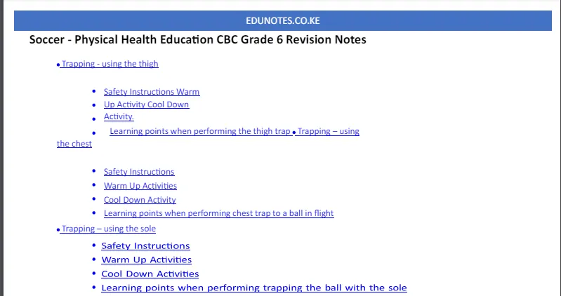 Soccer - Physical Health Education CBC Grade 6 Revision Notes