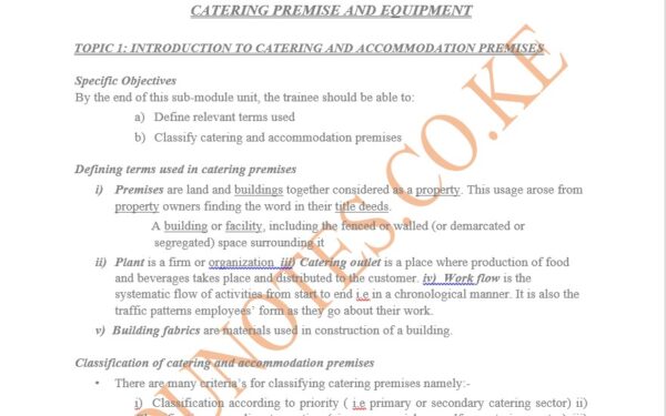 Catering Premise AND Equipment notes